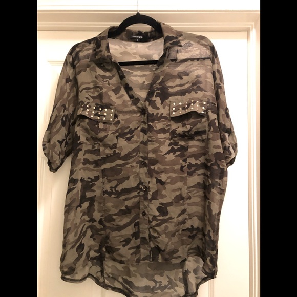 Papermoon Size Large sheer camouflaged short sleeved button down summer top - Picture 1 of 4